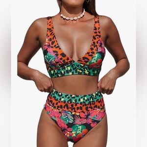 Tropical Leopard High-Waist Bikini Set